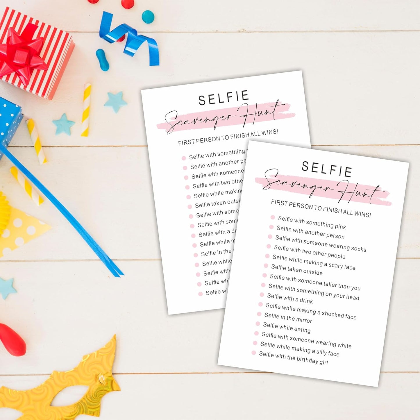 DYIRBIIY Minimalism Birthday Party Game Cards - Selfie Scavenger Hunt - 20 Blush Double-Sided Fill in Style Funny Birthday Party Game Cards for Adults, Party Supplies & Activities - A02
