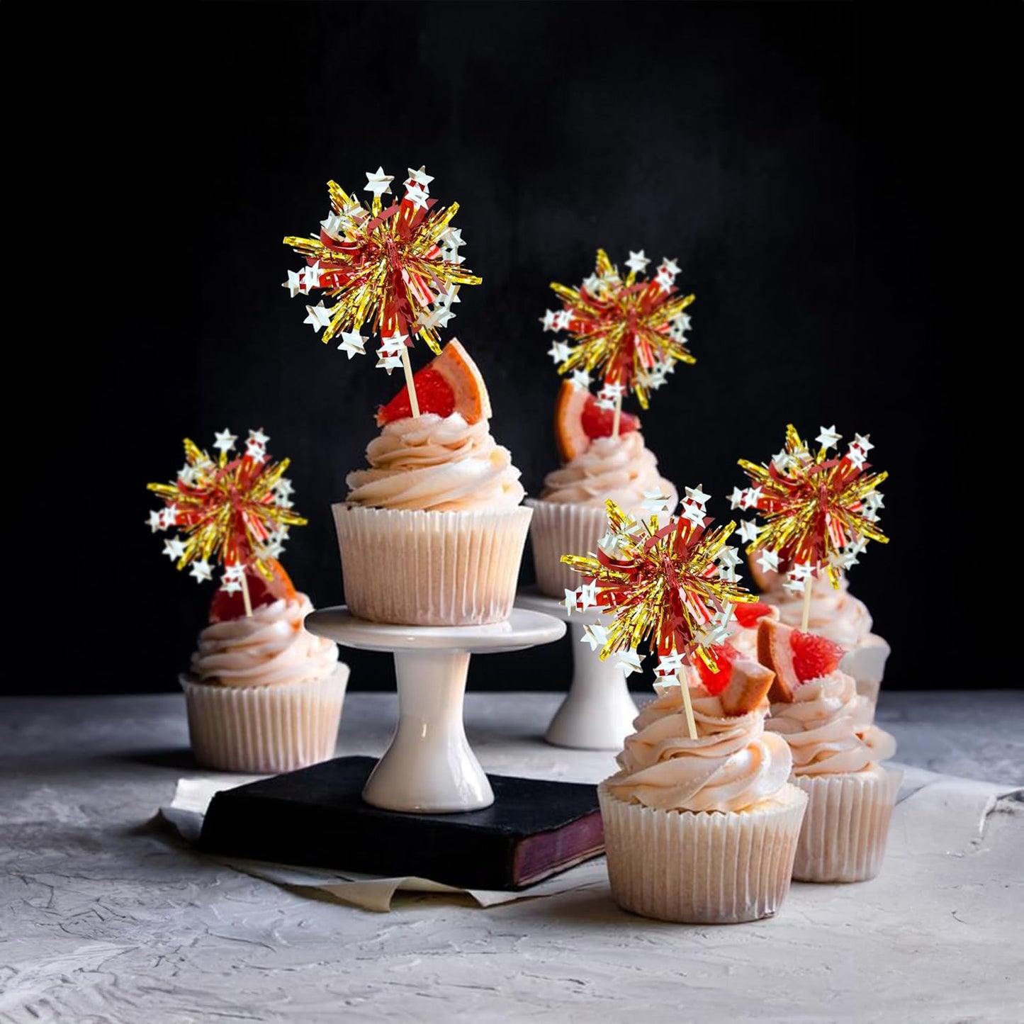 Ephlyn 30Pcs Foil Firework Cupcake Toppers Sparkle Tinsel Cupcake Picks Drink Stirrers Cocktail Food Fruit Toothpicks for Baby Shower Graduation Party Supplies White
