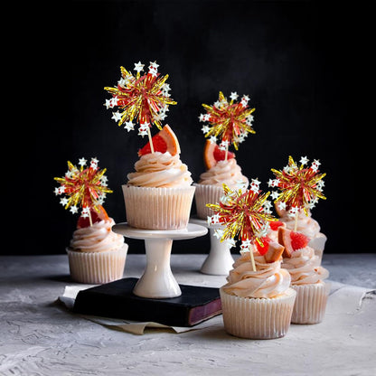 Ephlyn 30Pcs Foil Firework Cupcake Toppers Sparkle Tinsel Cupcake Picks Drink Stirrers Cocktail Food Fruit Toothpicks for Baby Shower Graduation Party Supplies White