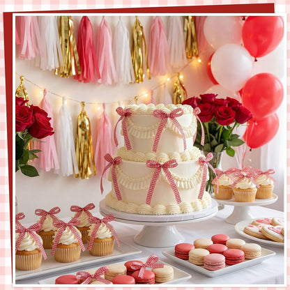 30 Pack Bow Cake Toppers Pink Ribbons Bows for Cake Coquette Themed Bow Cupcake Toppers Pink Bow Birthday Decorations for Baby Shower, Birthday, Wedding, Bachelorette, Mothers Day Decorations