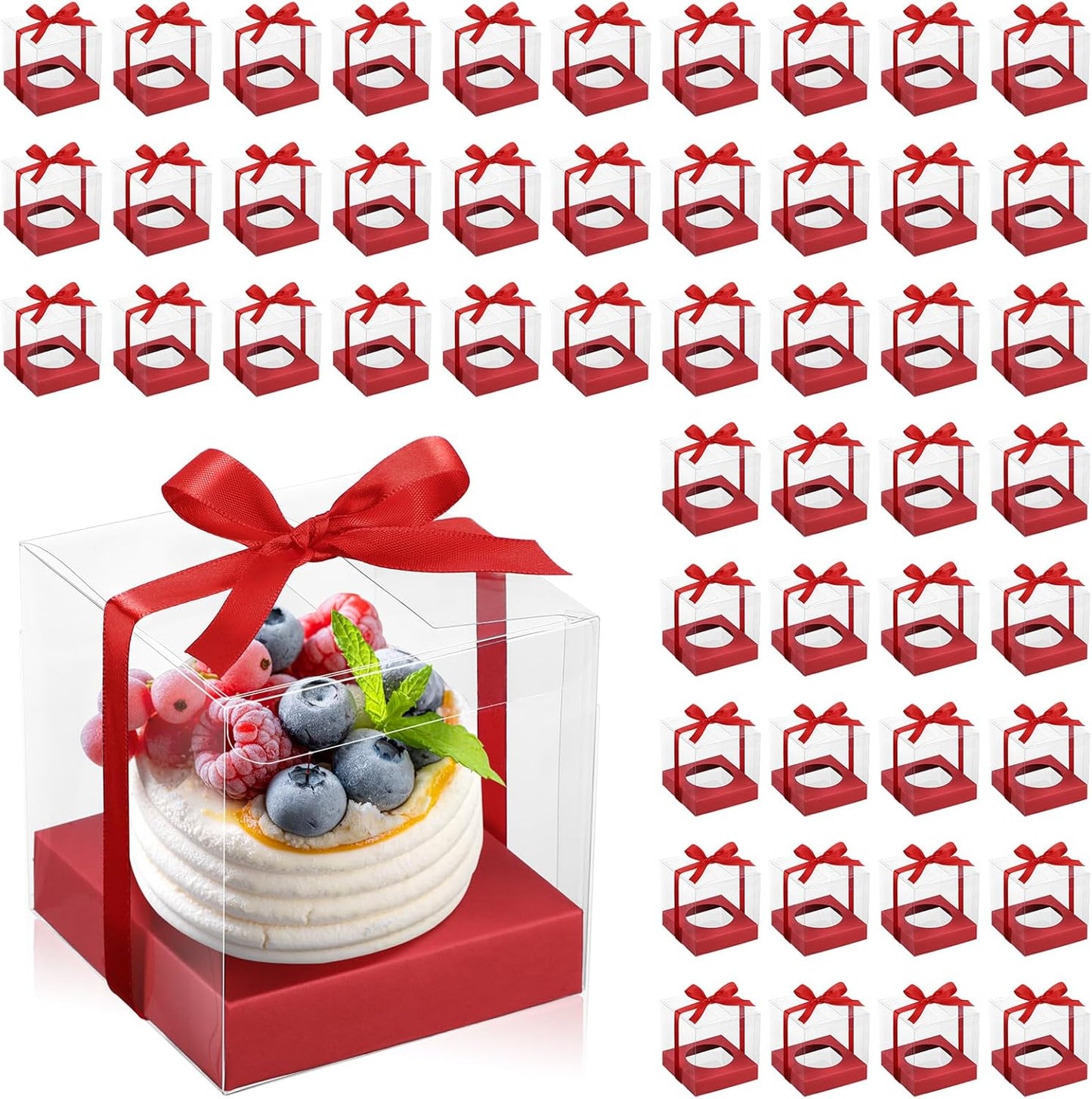 Thenshop 50 Pcs Clear Cupcake Boxes Individual 3.5 Inch Plastic Single Cupcake Containers Boxes with Inserts and Ribbon Individual Cake Storage Holders for Cake Kitchen(Dark Blue)