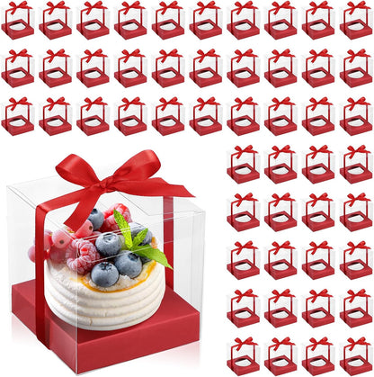 Thenshop 50 Pcs Clear Cupcake Boxes Individual 3.5 Inch Plastic Single Cupcake Containers Boxes with Inserts and Ribbon Individual Cake Storage Holders for Cake Kitchen(Dark Blue)