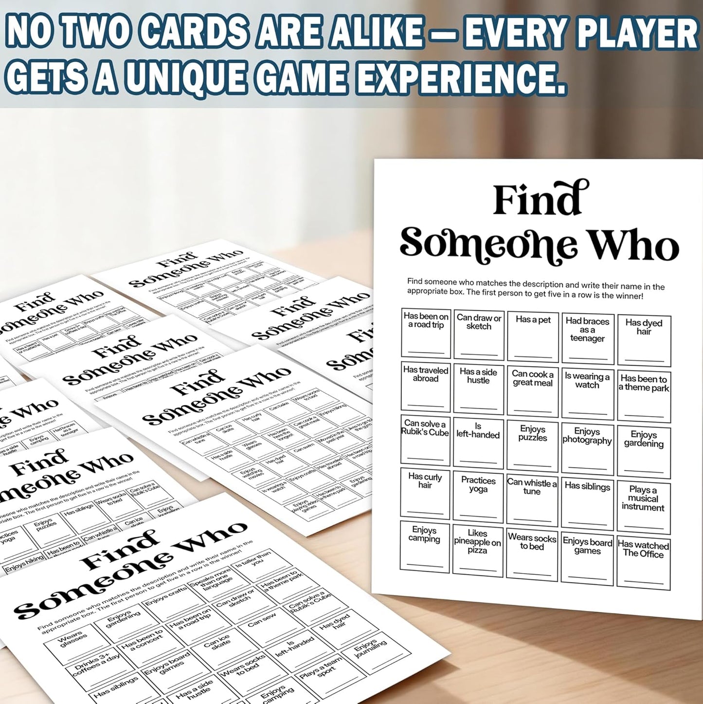 Team Building Games for Work Adults – Find Someone Who Bingo Game, 25 Unique Human Bingo Cards 5x7 Inch, Ice Breaker & Office Games for Parties, Meetings & Events - A05