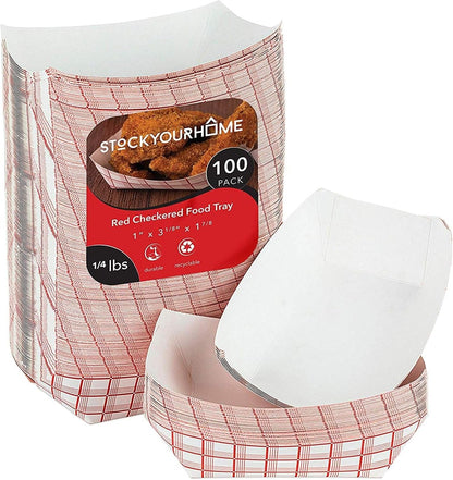 Stock Your Home Medium Paper Food Boats (100 Pack) – 2 lb Disposable Red & White Checkered Trays, Eco-Friendly Serving Boats for Concessions, Nachos & Condiments (4.5" x 2.75")