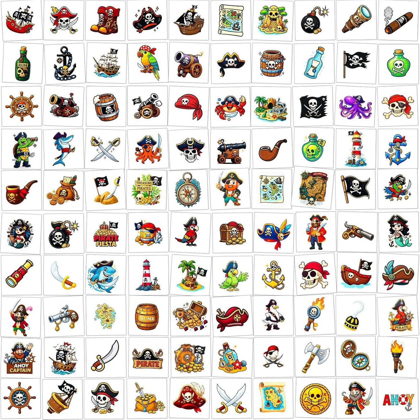 Ozepao 100 Pcs Pirate Temporary Tattoos for Kids,（2'' x 2''）Individually Wrapped Tattoos, Pirate Ship Nautical Themed Birthday Decorations, Party Favors Supplies