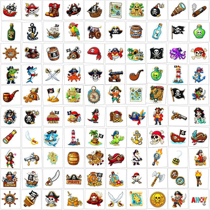 Ozepao 100 Pcs Pirate Temporary Tattoos for Kids,（2'' x 2''）Individually Wrapped Tattoos, Pirate Ship Nautical Themed Birthday Decorations, Party Favors Supplies