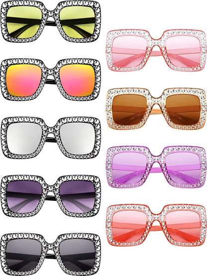 9 Pairs Rhinestone Oversized Square Sunglasses for Women Sparkling Bling Crystal Sunglasses AC Frame Glasses for Women