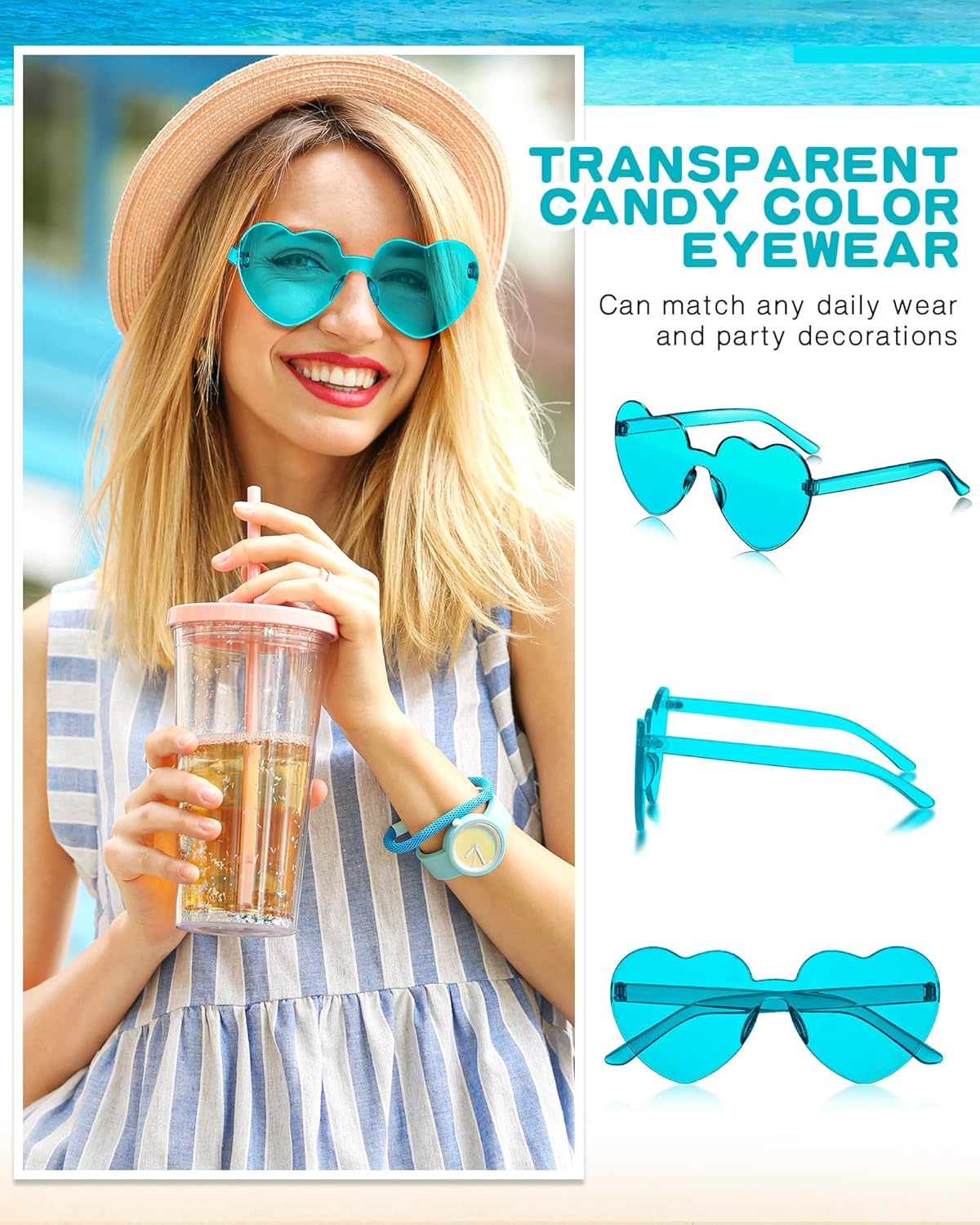 Frienda 20 Pairs Heart Shaped Sunglasses Rimless Candy Color Glasses for Women Men Party Favor