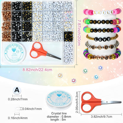 Amaney 1400pcs Glow Letter Beads, Heart Beads Whit Elastic Beading Cord,4x7mm Round Acrylic Alphabet Beads for Friend Bracelet Jewelry Making