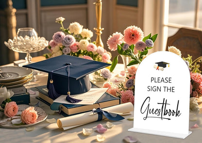 Graduation Guestbook Sign, 6 x 8 Inch White Arch Acrylic Grad Party Sign with Holder, Graduation Party Sign for Class of 2026, Grad Decor, High School College Party Supplies - DL02