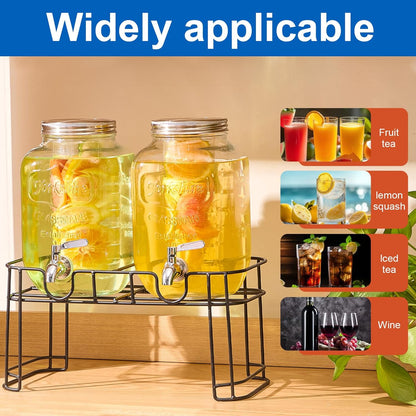1 Gallon Glass Drink Dispensers for Parties, 2PACK Beverage Dispenser with Stand, Fruit Infuser and Stainless Steel Spigot 100% Leakproof, Beverage Dispenser for Lemonade Sun Tea