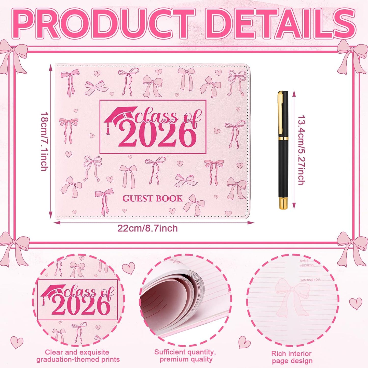 Patelai Pink Bow Graduation Guest Book Class of 2026 Party Decorations Leather Graduation Guest Signature Party Sign Gift with Pen, 112 Pages (Congrats Grad)