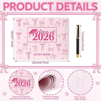 Patelai Pink Bow Graduation Guest Book Class of 2026 Party Decorations Leather Graduation Guest Signature Party Sign Gift with Pen, 112 Pages (Congrats Grad)