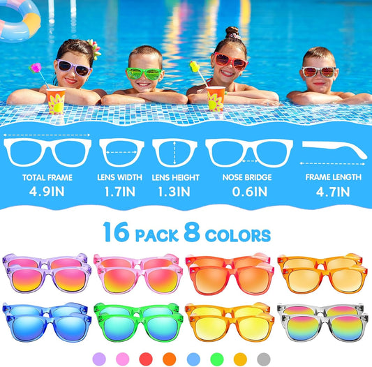 Party Favors Kids Sunglasses Bulk - 16 Packs Neon Sunglasses for Kid Age 3-8, UV400 Protection Party Sunglasses Goodie Bags Stuffers for kids Birthday Party Supply, End of the Year Gifts For Students