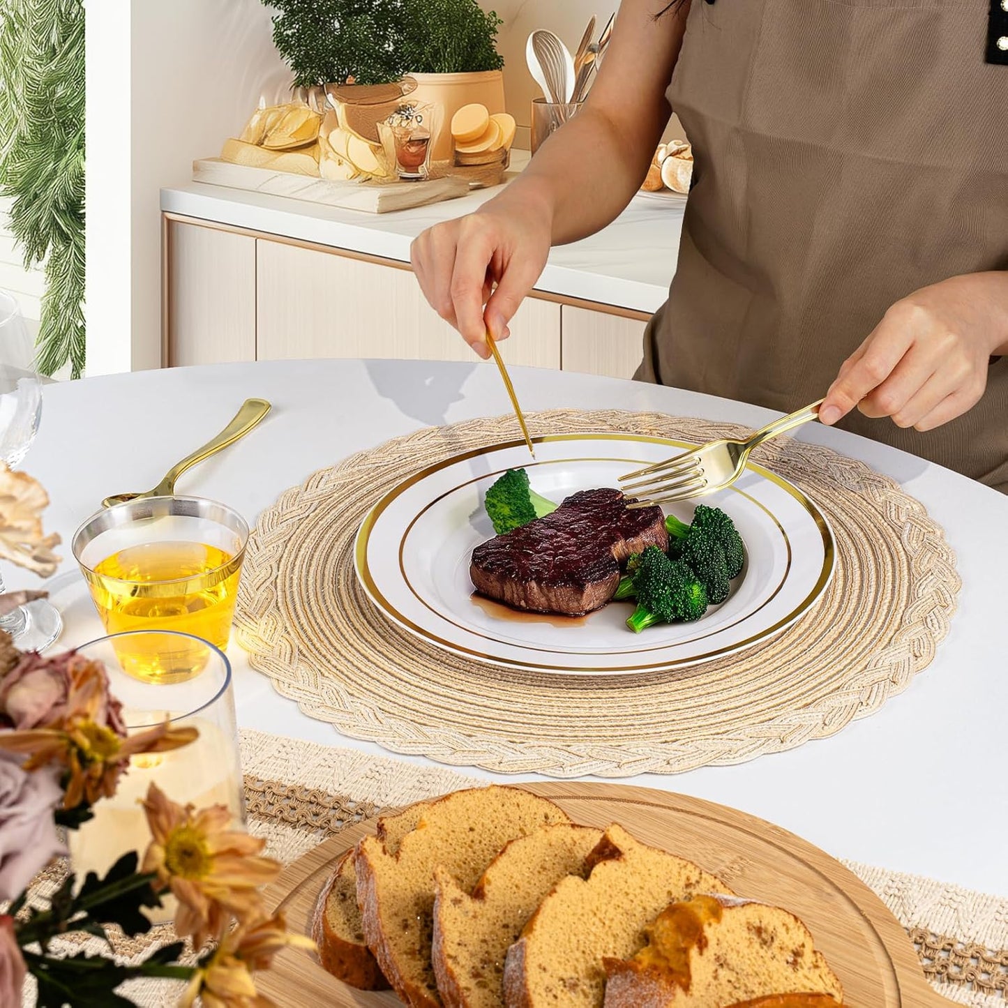 BESTVIP 350PCS Gold Plastic Dinnerware Set, Disposable Party Plates for 50 Guests, Include: 100 Plastic Plates, 50 Pre Rolled Napkins with Gold Silverware, 50 Cups