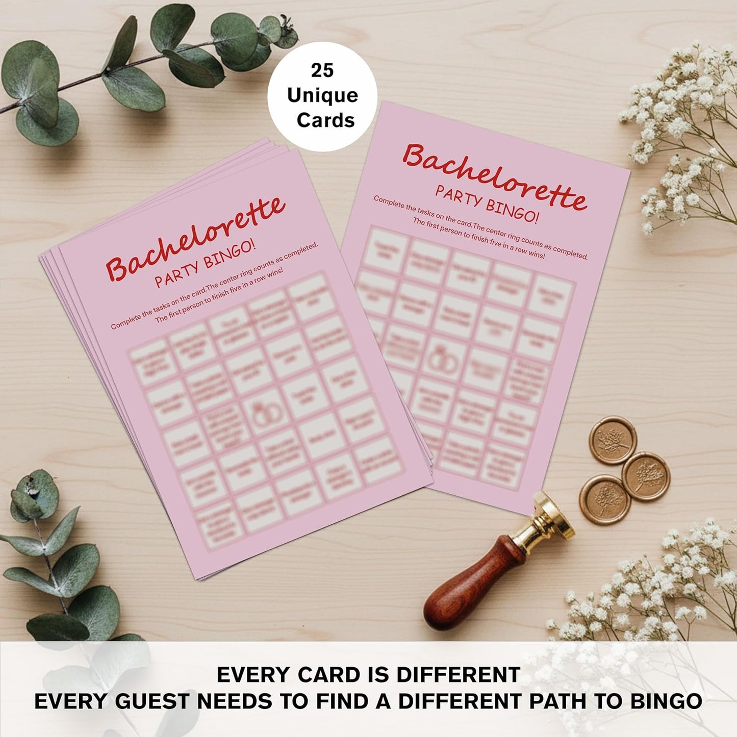 Bachelorette Party Bingo Cards, 25 Unique Sheets, Fun Bridal Shower Game for Guests, Pink Party Activity Celebration