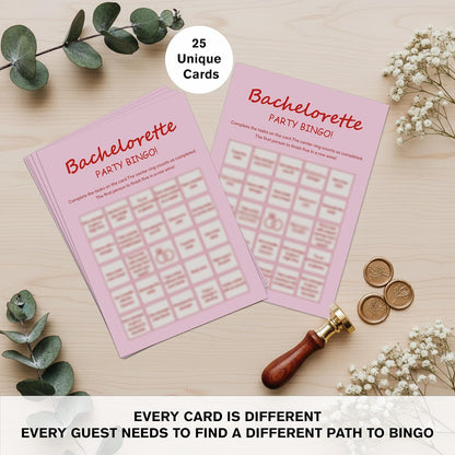 Bachelorette Party Bingo Cards, 25 Unique Sheets, Fun Bridal Shower Game for Guests, Pink Party Activity Celebration