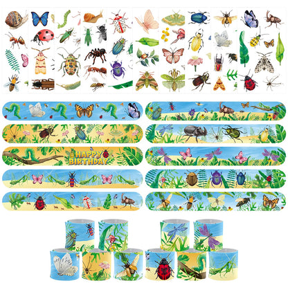 60PCS Bugs Party Set, 30PCS Temporary Tattoos, 30PCS Slap Bracelets, Insect Themed Birthday Supplies, Garden Reptile Party decoration, Baby Shower Gifts, Classroom Rewards, Decor for Kids