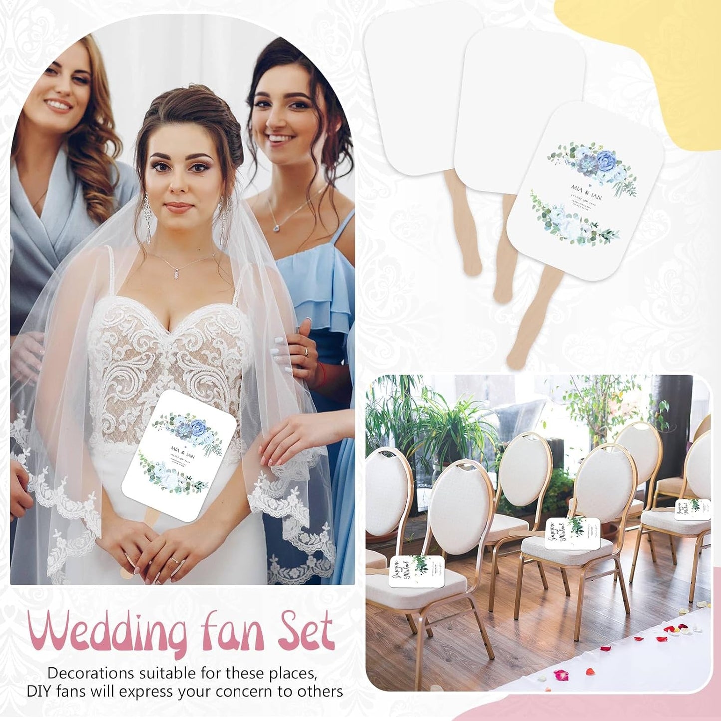 TaoBary 50 Pieces DIY Paper Church Fans Handheld Set Fan Sticks Wooden Handle Craft Sticks Wavy with Blank White Cardstock Tape for Wedding Celebration