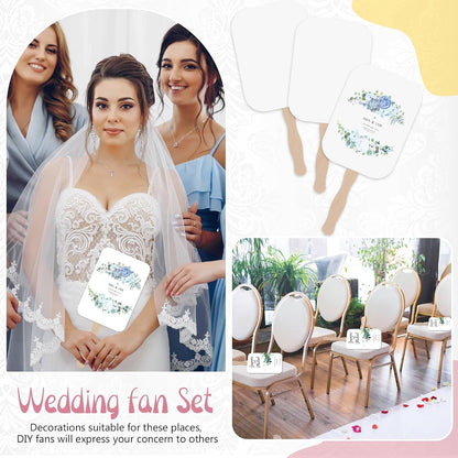 TaoBary 50 Pieces DIY Paper Church Fans Handheld Set Fan Sticks Wooden Handle Craft Sticks Wavy with Blank White Cardstock Tape for Wedding Celebration