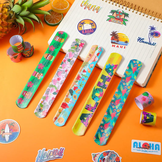 Sratte 90 Pcs Hawaiian Party Favor 40 Hawaiian Slap Bracelets 50 Hawaii Stickers Summer Tropical Luau Aloha Tiki Theme Party Bulk for Adult Hula Gifts Beach Pool Birthday Goody Bag Piñata Filler