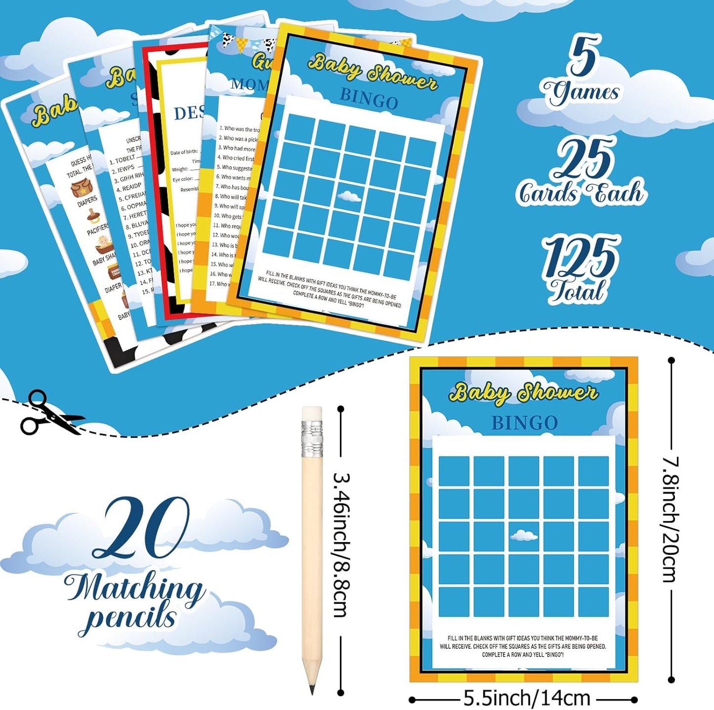 Yinder 145 Pcs Baby Shower Games Activities Cards with 20 Pencils Includes Baby Bingo Description and Wishes Guess Who Price is Right Word Scramble Game(Here Comes the Son)