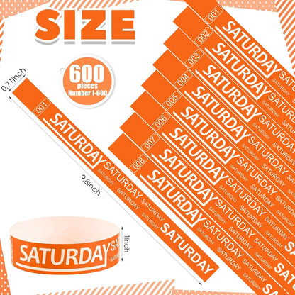 Henoyso 600 Pcs Saturday Paper Wristbands Event Admission Paper Bracelets Numbered Waterproof Party Armbands for Events Day of the Week(Red)