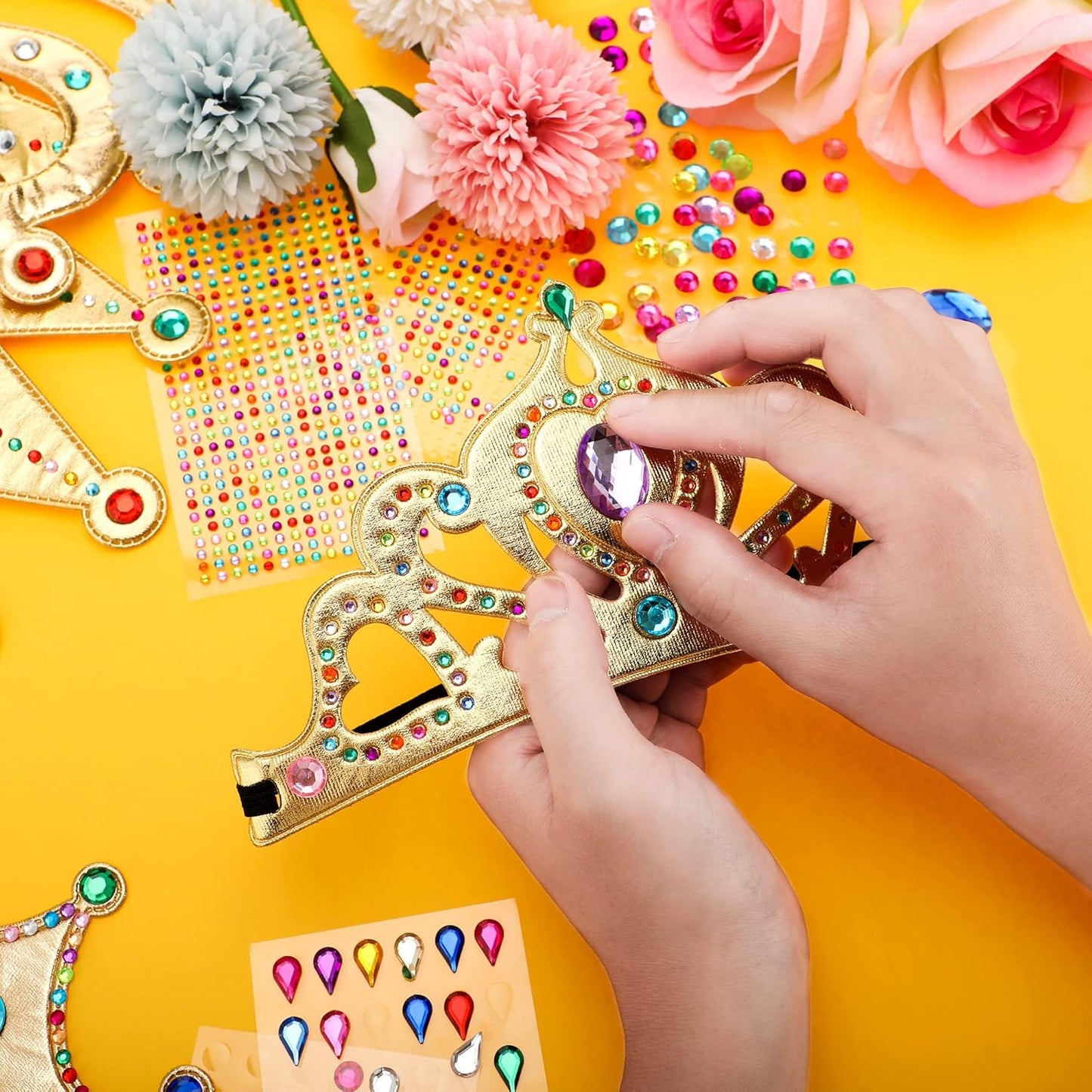 MTLEE 12 Pieces Foam Princess Tiaras Crown for Kids 928 Pieces Gem Stickers 12 Gem Rings Craft Making Kits Birthday Party Favors