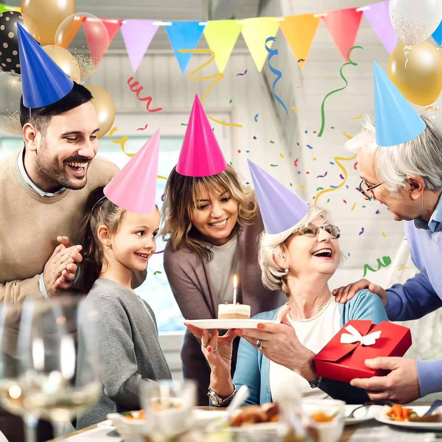 CANREVEL Party Hats for Adults, Birthday Party Headwear Supplies, Cone Hats Bulk for Women Men