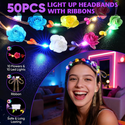 50 PCS LED Flower Crowns Headbands with Ribbons, Light Up Flower Headband for Women, Glow in the Dark Party Supplies for Wedding Birthday Party