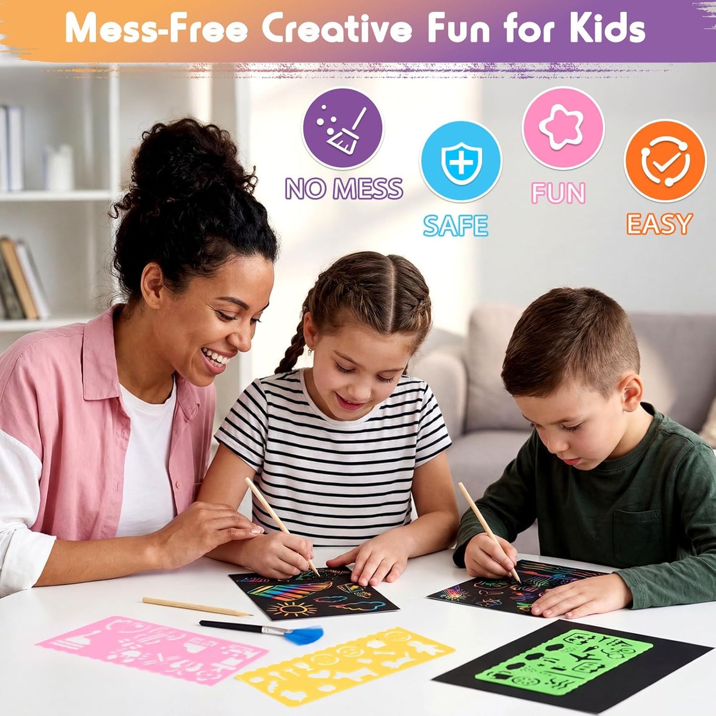 Virmoek 60 Pcs Scratch Art for Kids, Ages 3-8, Rainbow Scratch Paper Kit, Magic Scratch Off Art Craft Set, Mess-Free Kids Craft Supplies, Easter Basket Stuffers, Christmas Toys