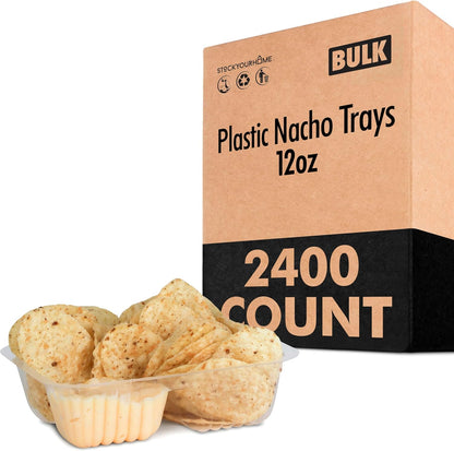 12oz Plastic Nacho Trays (100 Pack) Small Disposable Tray for Nachos & Cheese Dip, Concession Stand Supplies, Movie Night Snacks for Kids, Carnival Party Decorations, Food Boats, Snack Containers…