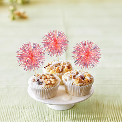 Ephlyn 30Pcs Foil Firework Cupcake Toppers Sparkle Tinsel Cupcake Picks Drink Stirrers Cocktail Food Fruit Toothpicks for Baby Shower Graduation Party Supplies White