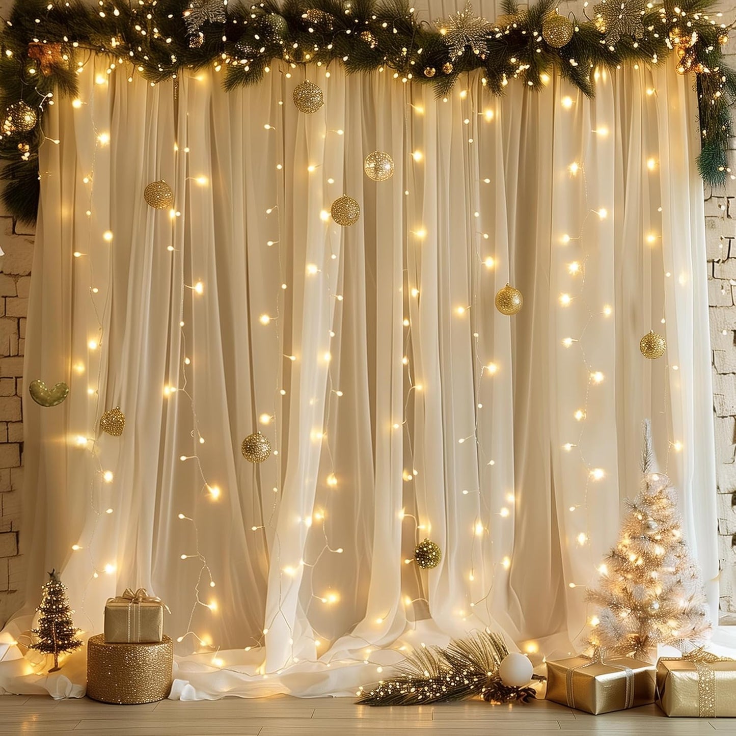 Fomcet Tulle Backdrop Curtains with Lights String White 10FT X 8FT Sheer Curtain with Lights Tulle Curtains Backdrop for Wedding Birthday Party Baby Shower Photo Shoot (2 Panels 5x8FT)