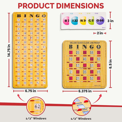MR CHIPS Jam-Proof Bingo Cards with Sliding Windows, 25 Reusable Shutter Cards, 75 Calling Cards 1 Master Board in Tan Woodgrain Style