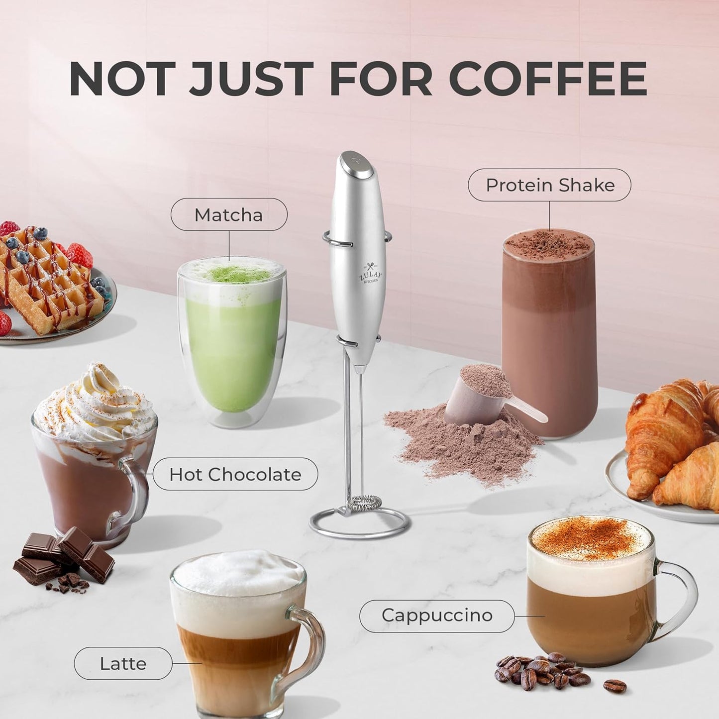 Zulay Kitchen Powerful Milk Frother Wand With Duracell Batteries - Ultra Fast Handheld Drink Mixer - Electric Whisk Foam Maker for Coffee, Lattes, Cappuccino & Matcha - Z1 Motor - Black - Colors D