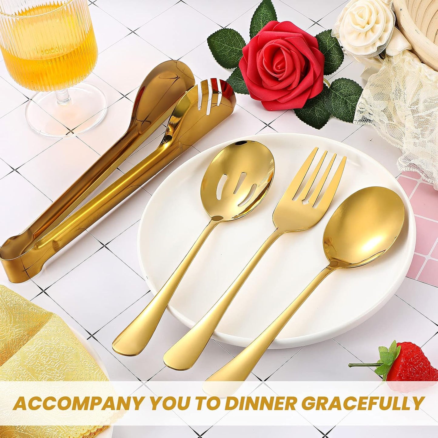 Patelai 15 Pcs Black Stainless Steel Serving Utensil Set 8.7" Large Spoons and Slotted Spoon 9.45" Tong 9" Forks Flatware Wedding Party Restaurant Cooking Kitchen Holiday Buffet Banquet Catering Hotel