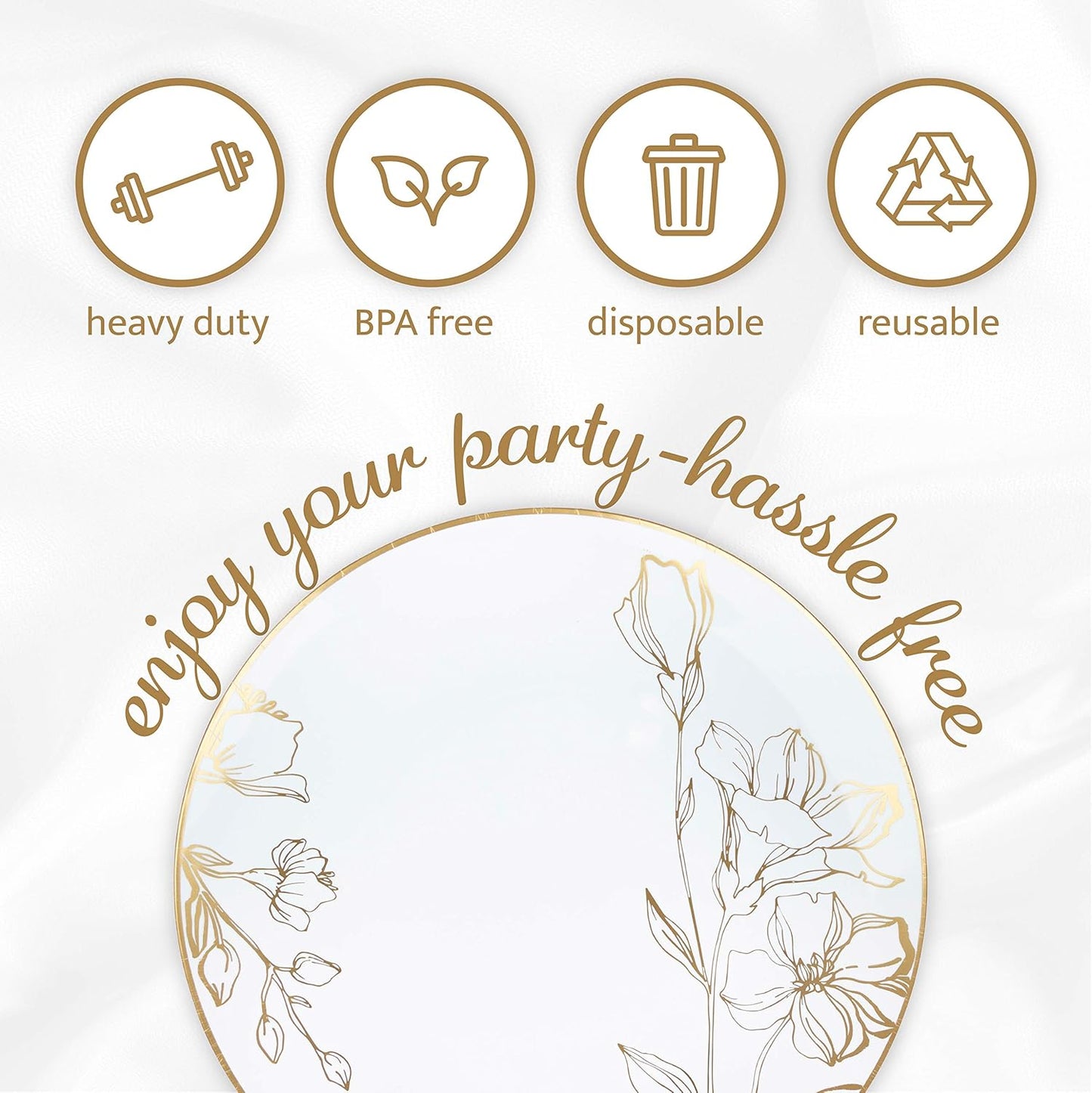 PLASTICPRO [16 OZ 20 Count] White Plastic Floral Design Party Soup bowls With Gold Rim Premium heavyweight Elegant Disposable Tableware Dishes