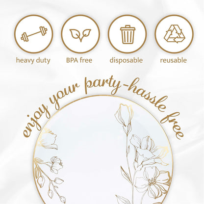 PLASTICPRO [16 OZ 20 Count] White Plastic Floral Design Party Soup bowls With Gold Rim Premium heavyweight Elegant Disposable Tableware Dishes