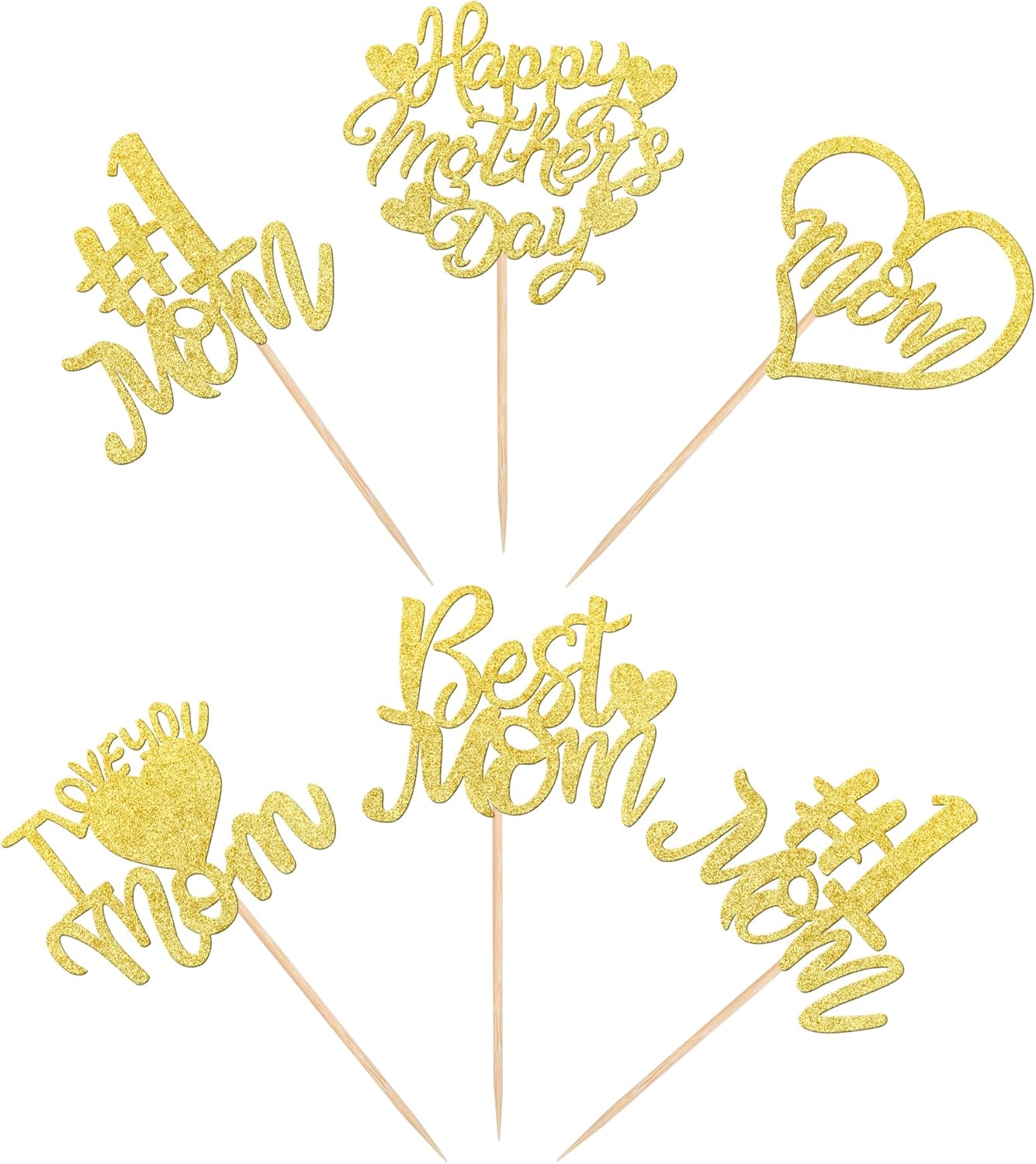 24 PCS Happy Mother's Day Cupcake Toppers with Glitter Heart Love Mother Best Mom Cupcake Picks for Happy Mother's Day Theme Women Birthday Party Cake Decorations Supplies Rose Gold