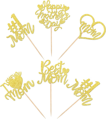 24 PCS Happy Mother's Day Cupcake Toppers with Glitter Heart Love Mother Best Mom Cupcake Picks for Happy Mother's Day Theme Women Birthday Party Cake Decorations Supplies Rose Gold