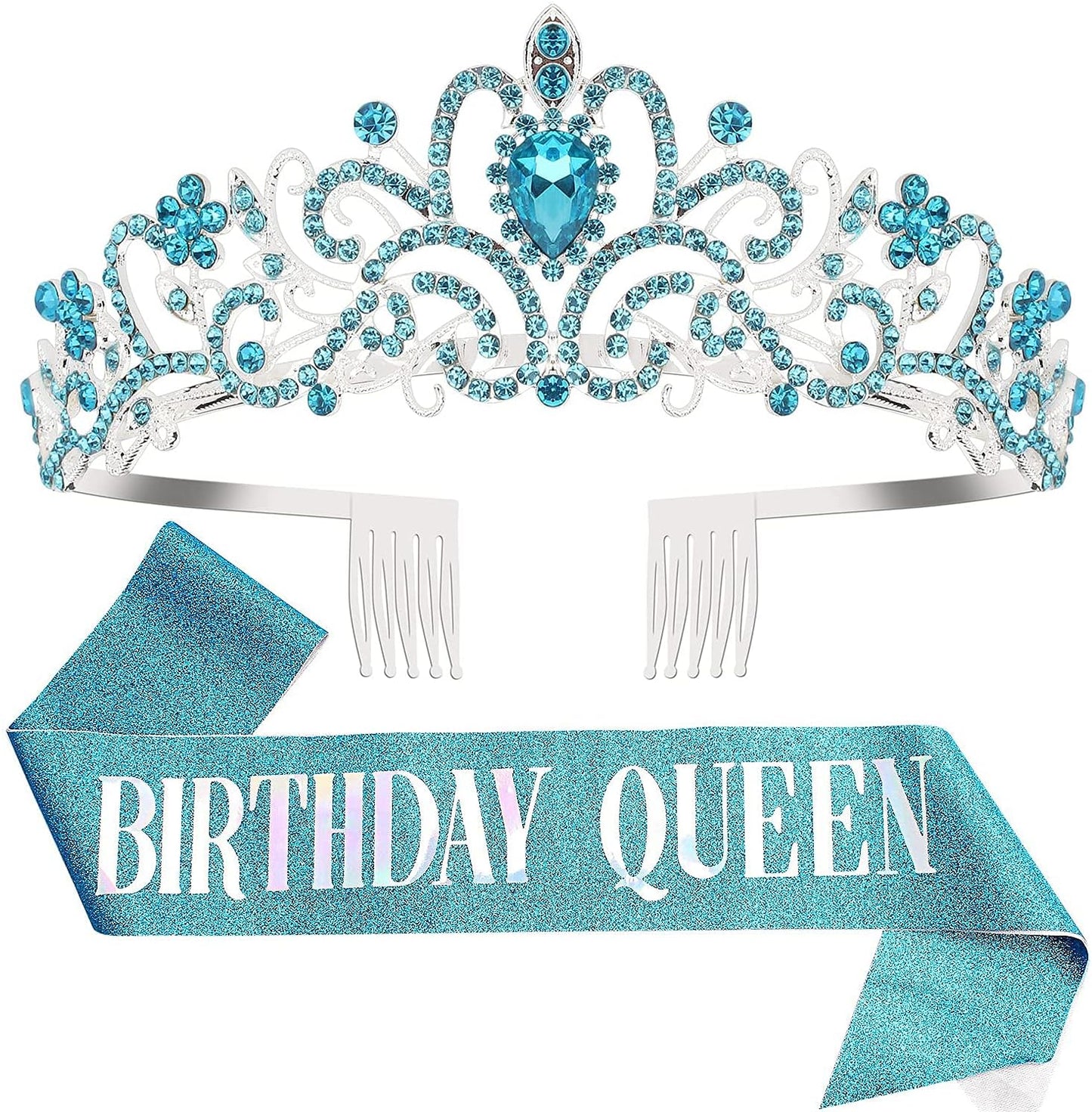 COCIDE Birthday Queen Sash & Rhinestone Tiara Set Gold Happy Birthday Crowns for Women Party Decoration Kit Rhinestone Headband for Women Glitter Crystal Hair Accessories for Cake Topper