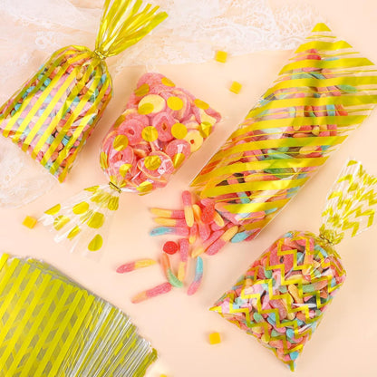 Aodaer 100 Pieces 10.6 x 5.1 In White Cellophane Bags Plastic Candy Gift Bag Cellophane Treat Bags with Twist Ties Stripes Polka Dot Printed Pattern Goodie Bag for Birthday Weddings Party Favors