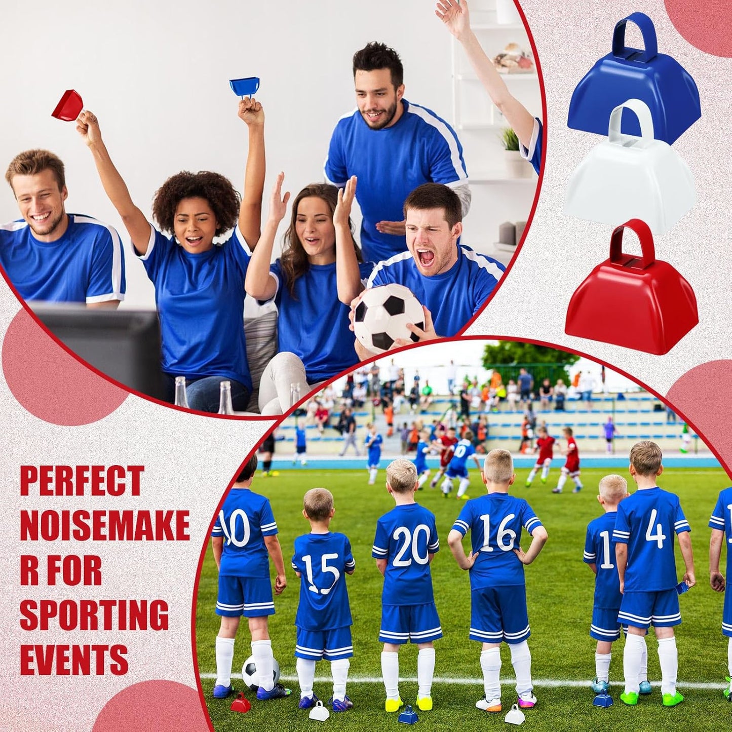 Zhengmy 24 Pcs Metal Cowbells Noisemakers with Handles, Cow Bells Noise Makers for Sporting Events 3 Inch Bulk Cheering for Football Baseball Games Team Wedding Celebrations(Blue)