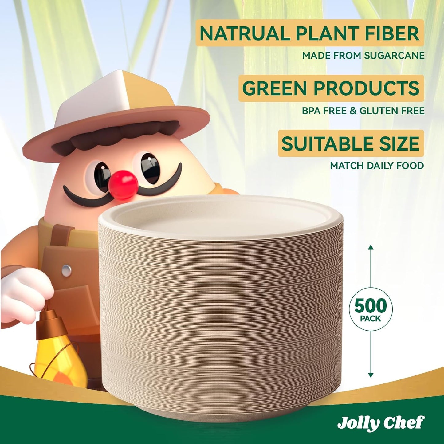 JOLLY CHEF Compostable Heavy Duty Plates 𝟭𝟬 𝗜𝗻𝗰𝗵 [𝟯𝟬𝟬 𝗣𝗮𝗰𝗸] Eco-Friendly Disposable Paper Plates Made of Bagasse Biodegradable Bulk for Party Dinner Sugarcane Thanksgiving Day (Natural)
