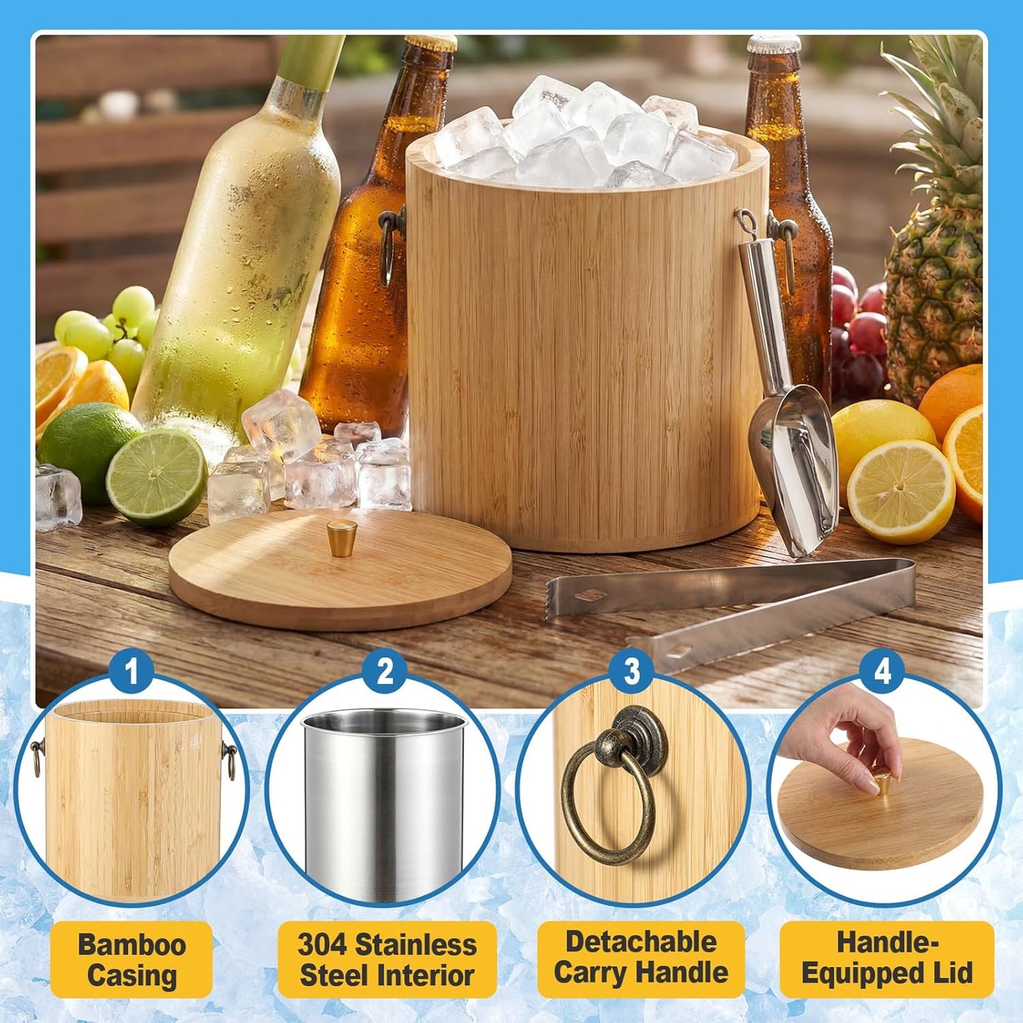 Honeydak 3L Bamboo Ice Bucket with Stainless Steel Interior, Insulated Ice Bucket with Lid & Handles, Includes Scoop & Tongs, for Champagne, Wine, Cocktails, Parties, Bars, Home, Outdoor
