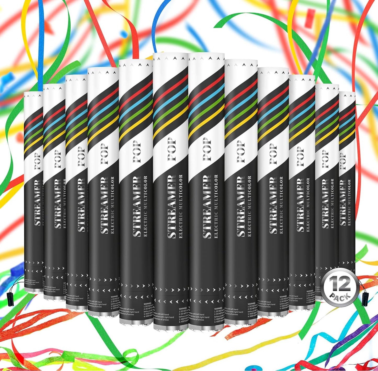 Electric Streamer Cannon Cartridges, 12pcs. - 16" Multi Color Streamer Poppers for Weddings, Parties, Events | Requires 2-shot/4-shot Confetti Machine to Activate
