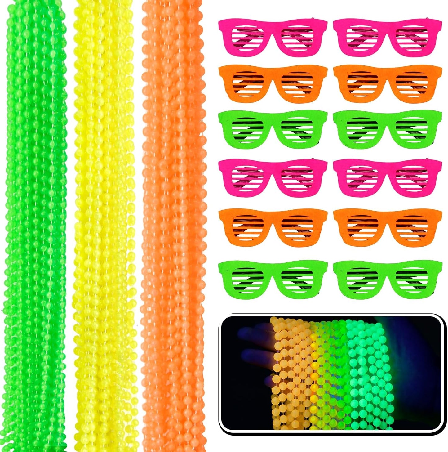 Glow in the Dark Beads Necklaces Glow Party Supplies, 33" Yellow Green Orange UV Black Light Necklaces for Glow Party Favors Night Accessories, Halloween Birthday Party Decorations