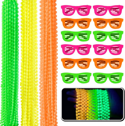 Glow in the Dark Beads Necklaces Glow Party Supplies, 33" Yellow Green Orange UV Black Light Necklaces for Glow Party Favors Night Accessories, Halloween Birthday Party Decorations