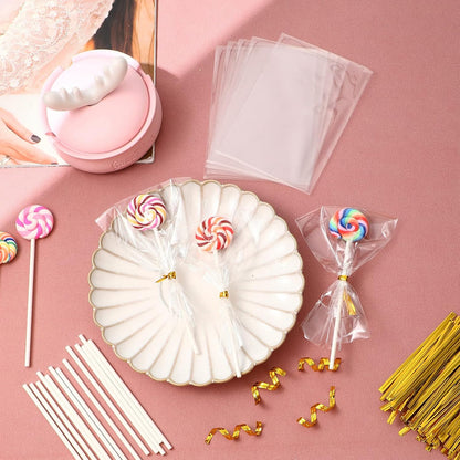 Roowest 1600 Pcs Cake Pop Sticks and Wrappers Kit Including 400 Cake Pop Sticks 400 Clear Candy Treat Bags 800 Gold Metallic Twist Ties for Candy Chocolate Suckers Making(3.94 x 0.12 Inches)